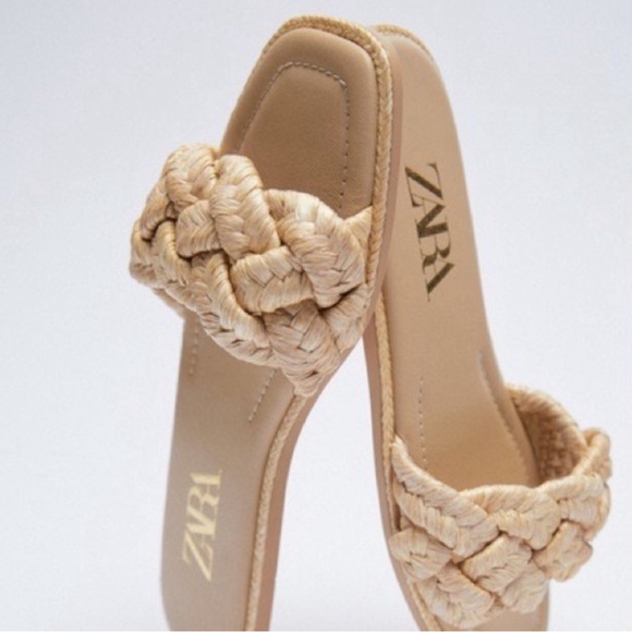 Zara Shoes Woven Raffia Flat Leather Sandals Poshmark